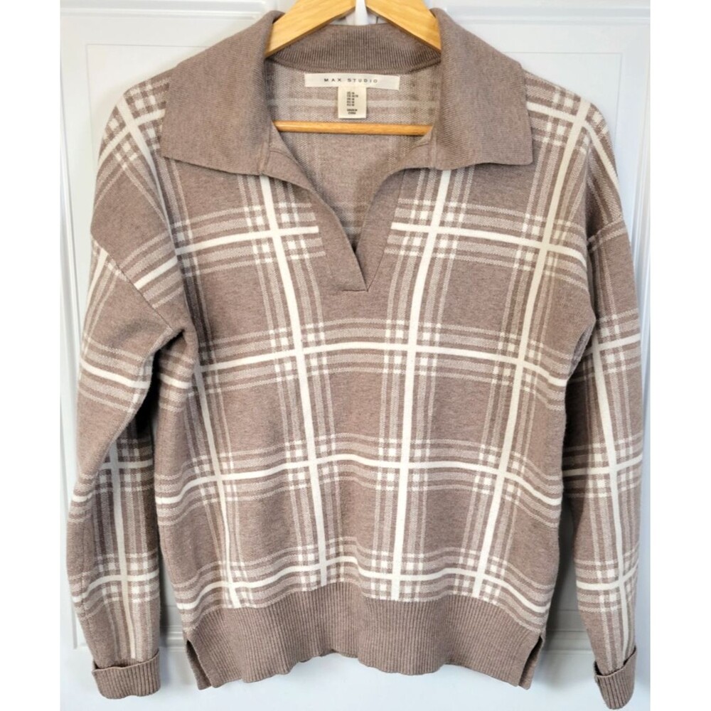 Max Studio Collared Plaid Sweater Size M Preppy Academia